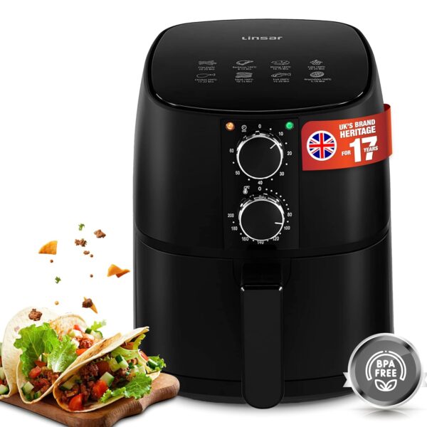 Linsar - Black Airfryer - 4L - 80-200°C Temperature Control - 60 Min. Timer, Cooking Recipies, Keep Warm, Oil Free - Small Air Fryer for 2-1400 Watt