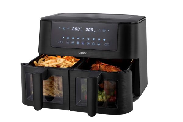 Linsar - Dual Zone Air Fryer - with Double Chamber - 8L Air Fryer 2 Baskets - with Viewing Window - Touch Screen - 9 Presets - Sync Ready Technology (Black)