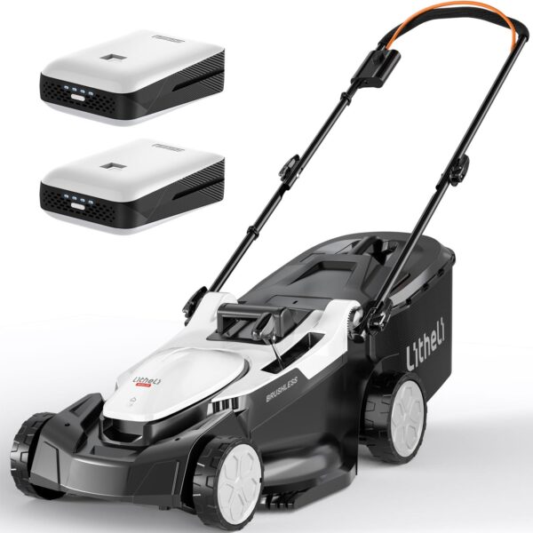 Litheli Cordless Lawnmower, 40V/43cm Cutting Width, Brushless Motor, Battery Lawn Mower, 6 Cutting Heights, 40L Grass Box, Incl. 2X 4.0Ah Batteries