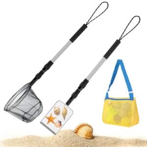 LOOPES 3PCS Kids Beach Toys Set,Telescopic Fishing Net Beach Spade Mesh Beach Bag Tool for Shell Collecting,Beach Sand Sifter Toy,Beach Scoop Shovel Toys for Adults Kids Picking...