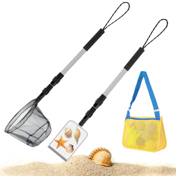 LOOPES 3PCS Kids Beach Toys Set,Telescopic Fishing Net Beach Spade Mesh Beach Bag Tool for Shell Collecting,Beach Sand Sifter Toy,Beach Scoop Shovel Toys for Adults Kids Picking...