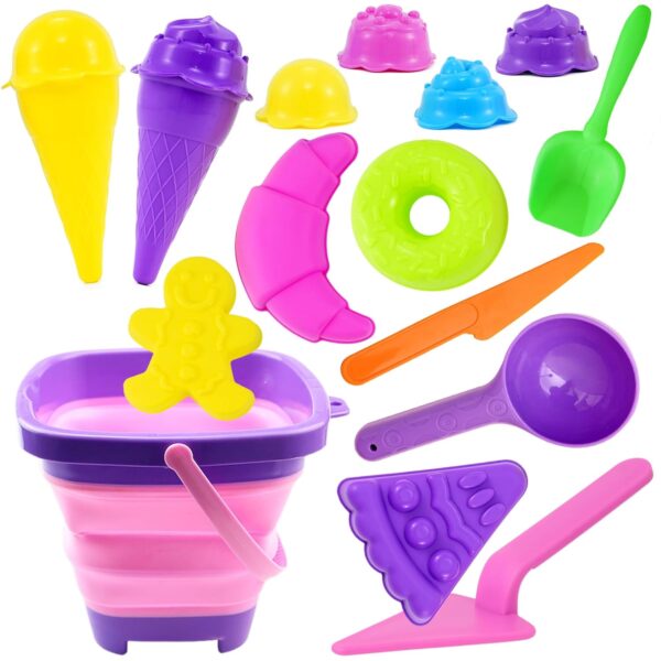 Lubibi Foldable Bucket Beach Toy Set for Kids, Outdoor Water and Sand Toys With Plastic Baking Toys 10 PCS Baking Moulds, Sand Beach Toy For Spring Summer Holiday For Boys Girls...