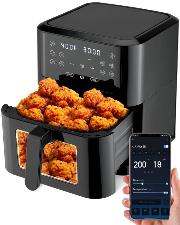 Lulizar 8L Smart Air Fryer, APP Control Air Fryer Oven with 10 Preset Functions, Visual Window, Removable Basket, Dishwasher Safe, Square Design, Healthy Cooking