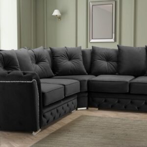 Luxury Chesterfield Black Plush Fabric 5 Seater Corner sofa Settee - Cheap Large 2C2 Suites & Couches for Living Rooms-101 (Black Plush)