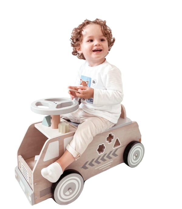 Mamabrum Kids Ride On Wooden Car, Toddler Cars & Toys with Steering Wheel & Blocks, Toys Age 2 - Indoor & Outdoor Play Vehicle for Children with Rubber Wheels