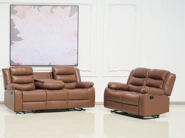Manual Recliner Leather 3+2+1 Sofa Set - Recliner Sofa Set With Dropdown Table and Cupholder For Living Room (Brown, 3+2)