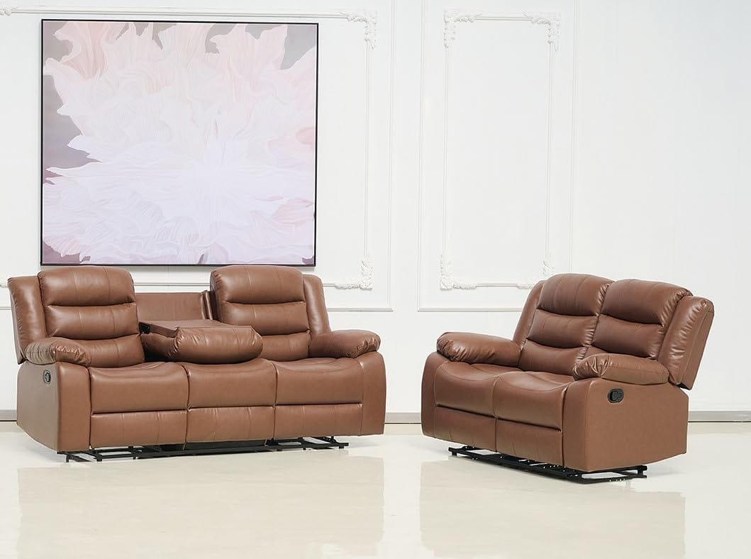 Manual Recliner Leather 3+2+1 Sofa Set - Recliner Sofa Set With Dropdown Table and Cupholder For Living Room (Brown, 3+2)