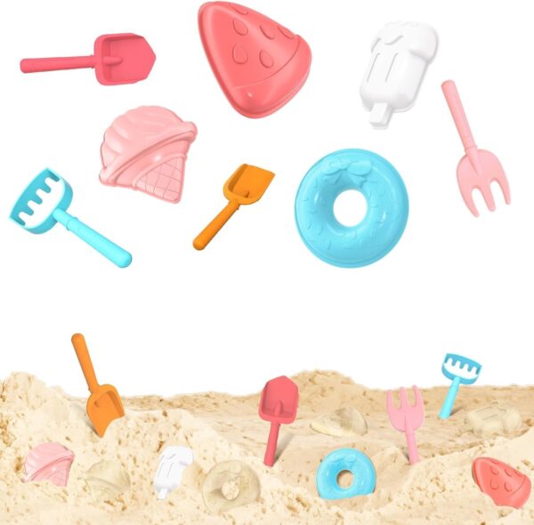 maysida Beach Toys Set for Kids, 8 PCS Play Sand Toys for Toddlers with Colorful Spade Set & Cute Food Shaped Sand Tools for Girls & Boys Summer Beach Games(Pink)