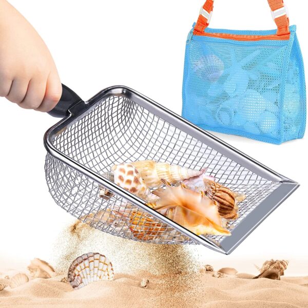 mciskin Beach Mesh Shovel with Mesh Beach Bag for Shell Collecting, Kids Filter Sand Scooper for Picking Up Shells, Shark Tooth Sifter Dipper for Boys and Girls, Beach Toy