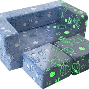 MeMoreCool Kids Sofa Bed, Modular Toddler Chair Couch, Glow in The Dark Baby Mini Couch Lounger Fold Out, Kids Bedroom Furniture for Playroom, Blue Astronaut