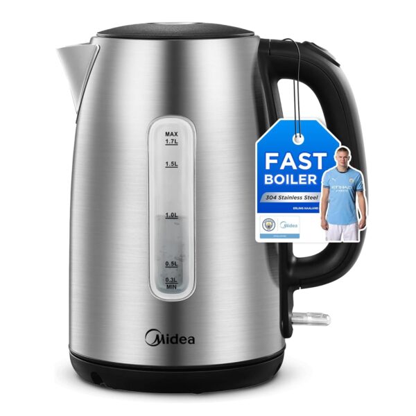 Midea Electric Kettle 3000W Fast Boil 1.7L Stainless Steel Kettle LED Indicator,Spring Lid,Removable Filter,Insulated Handle, Water Level Indicator, Dry Burn Protection,BPA-Free