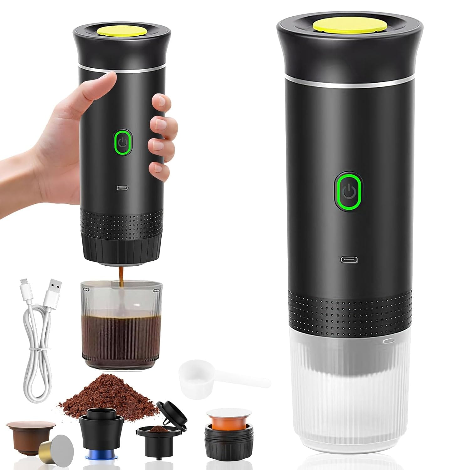 Milygobam 3-in-1 Portable Coffee Maker, Self-Heating Portable Espresso Machine for Travel, Camping, Office & RV, Compatible with Large/Small Capsules & Ground Coffee,USB-C Charged
