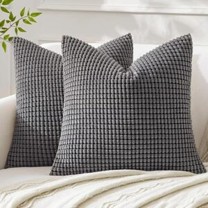 MIULEE Set of 2 Decorative Corduroy Grey Cushion Covers 16x16 Inches, 40cm x 40cm Striped Solid Square Throw Pillow Cases for Sofa Couch Home Bedroom Grey