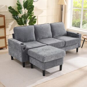 Miyemo Corner Sofa for Living Room, 3-4 Seater Sofas with 2 USB-Charging-Ports & 2 Cup Holders, Reversible Chaise with Sumptuous Cushions, L Shaped Sofa for Apartment, Linen, Grey