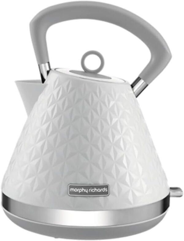Morphy Richards Vector Pyramid Kettle, 1.5L, 3kW Rapid Boil, Anti Limescale Filter, Boil Dry Protection, Water Window, Pull Ring Removeable Lid, 360 Cordless Base, White,108134