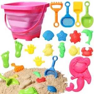 MTDASB Beach Buckets & Beach Toys for Kids,Sand Castle Building Kit with Mesh Carry Bag, Sandbox Toys Molds for Girls and Boys,Outdoor Sandpit Tools for Toddlers