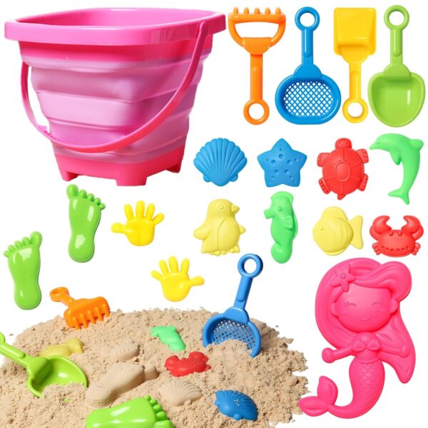 MTDASB Beach Buckets & Beach Toys for Kids,Sand Castle Building Kit with Mesh Carry Bag, Sandbox Toys Molds for Girls and Boys,Outdoor Sandpit Tools for Toddlers