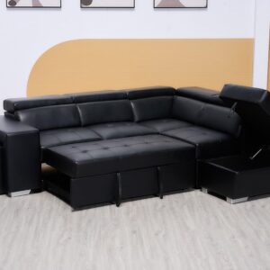 Multi-functional L Shape Bonded Leather Couch-Cheap Left & Right Corner Sofa Bed With Storage And Stools & Ottoman (Black, Right Hand Side)