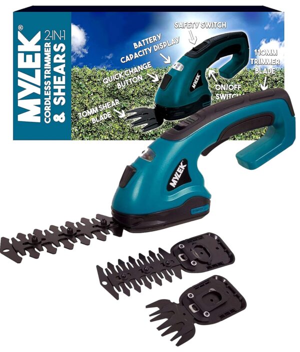 MYLEK Cordless Hedge Trimmer, Grass Shears with 2 Blades and Blade Guards Handheld for Topiary Bush Shrubs, Edging Garden Grass Lawn, Quick Change Button, Safety Switch &...