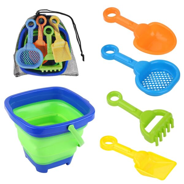 NQEUEPN 6pcs Beach Toys Set, Collapsible Bucket with 4 Shovels Sand Toys & Mesh Bag Foldable Portable Travel Beach Bucket Sand Toys for Kids Boys Girls Fun Summer Beach Party...