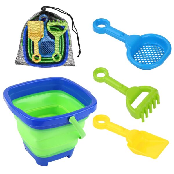NQEUEPN Beach Toys Set, Collapsible Bucket with 3 Shovel Sand Toys & Mesh Bag Foldable Pail Bucket Beach Sand Toys Set for Toddlers Kids Boys and Girls Travel Beach Party Summer...