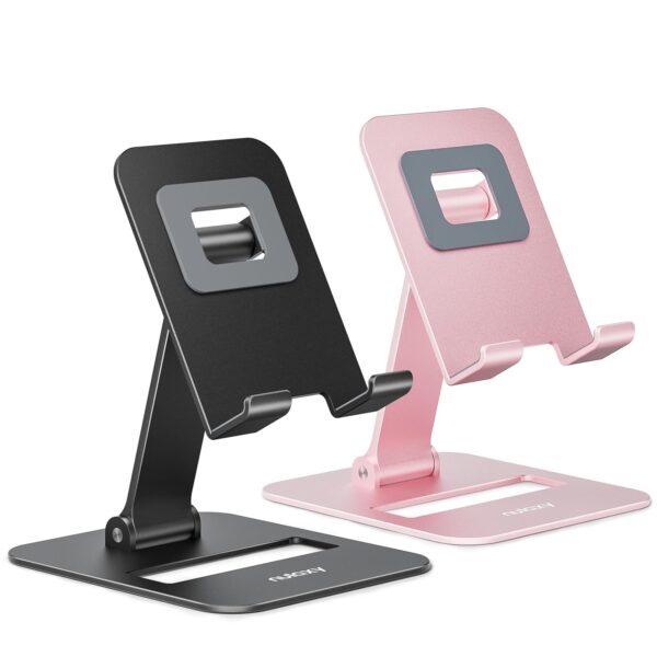 NULAXY 2 Pack Dual Folding Cell Phone Stand, Fully Adjustable Phone Holder for Desk, Compatible with iPhone 16 15 14 13 12 11, All 4-8“ Phones, Black & Rose Gold