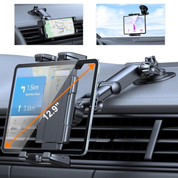 OHLPRO Tablet Holder for Car Mount No Drill, 360° Rotation iPad Stand with Telescopic Extension Arms 3M Adhesive, Universal Windshield & Dashboard, Compatible with 5"-13" iPad...