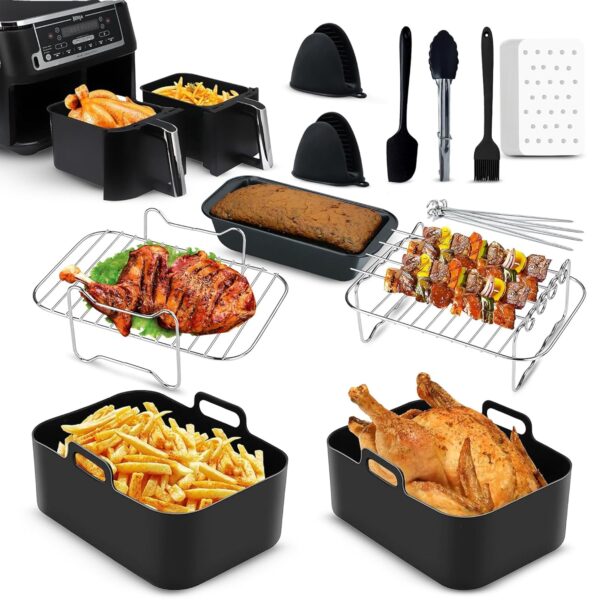 One Emporium - 11-Piece Set of Air Fryer Accessories Compatible with Ninja, Tower & Other Brands, Includes Air Fryer Rack, Non-Stick Pan, Silicone Pots, Airfryer Liners, Gloves...