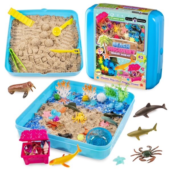 Original Stationery Beach Discovery Sensory Bin Kit, Sensory Box with 2lbs Play Sand, 4 Kids Toys Tools, and Glow in the Dark Sea Creature Beach Toys