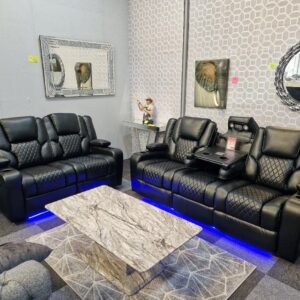 Orlando - Electric Recliners Sofa With Cupholders - 3+2 Seater Sofa Grey/LED Lights/Wireless Charging (Black, 3+2 Seater)