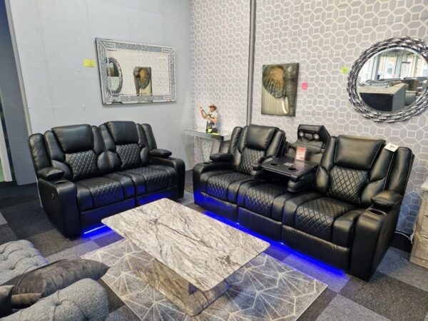 Orlando - Electric Recliners Sofa With Cupholders - 3+2 Seater Sofa Grey/LED Lights/Wireless Charging (Black, 3+2 Seater)
