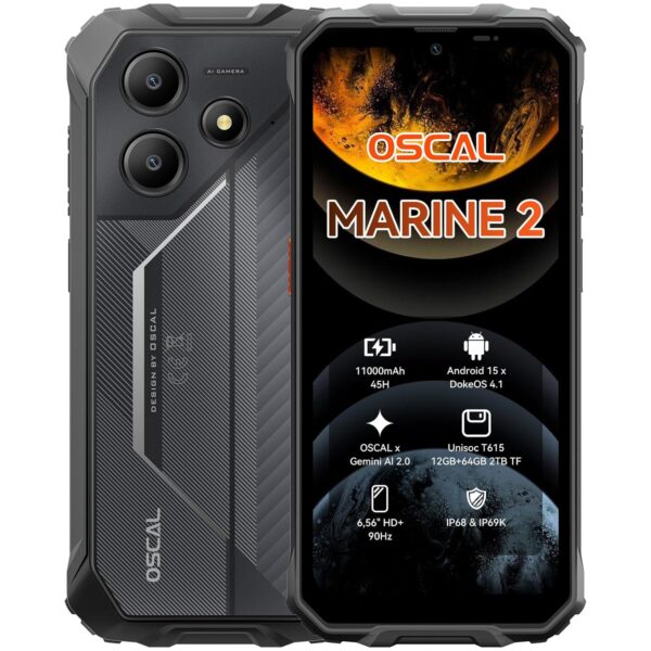 OSCAL Marine 2 Rugged Smartphone (2025),11000mAh(18W) Rugged Phone Unlocked, Android 15 Gaming Phone,Gemini AI,IP69K Protection, NFC,6.56" HD,90HZ,12(4+8)+64GB/2TB Expand,Dual...