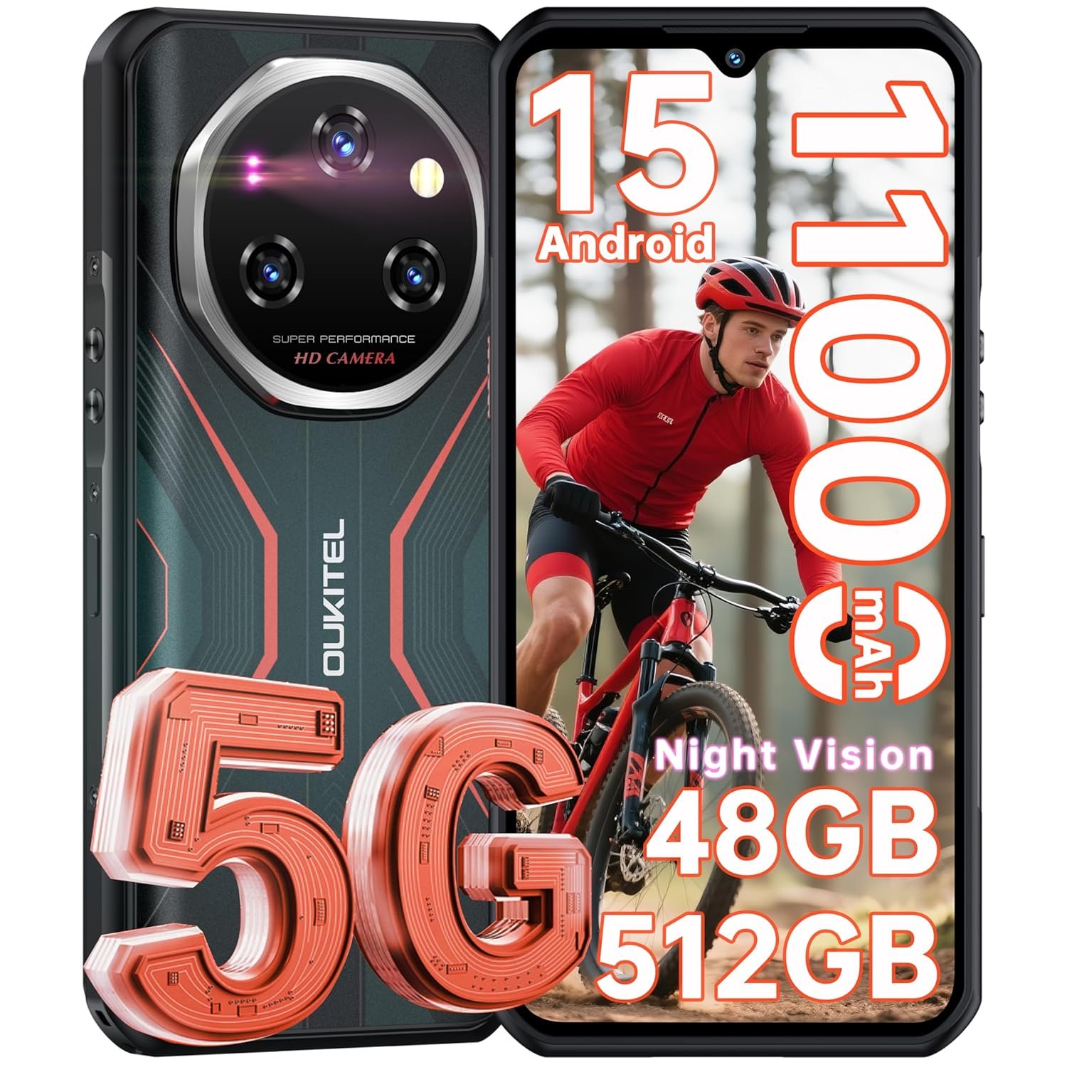 OUKITEL WP55 Pro Rugged Smartphone 5G - Android15 Rugged phone, 48GB RAM+512GB ROM+2TB,108MP Camera,11000mAh Battery,120Hz + 6.6" Night Vision Sim-free&Unlocked Mobile...