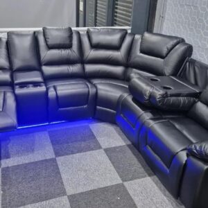 Oxford Leather Electric Recliner Corner Sofa with Cupholders - USB Charging Ports - LED Lights – Leather Corner Sofa (Black)