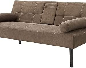 Panana 3 Seater Sofa Bed Linen Fabric Upholstered Modern Convertible Folding Futon Sofa Bed Daybed Guest Bed, 5 Angles Adjustable, 2 Cup-Holders,Brown