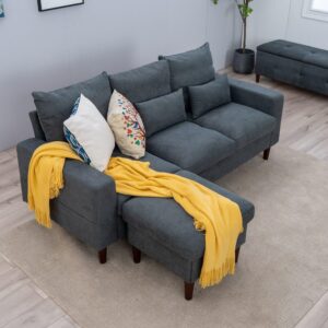 Panana 3-Seater Sofa with Reversible Chaise, Linen Fabric Sofa Couch with Footstool, Grey