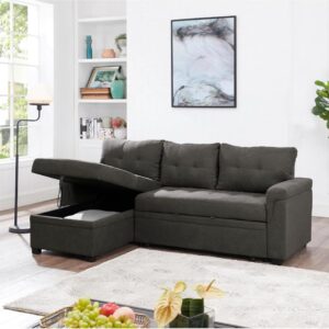 Panana Corner Sofa Bed - Universal Pull Out SofaBed - Left or Right Side Storage Chaise Couch,Sofa Bed Settee Sectional Sofa (FRSS23-Grey Linen Fabric)