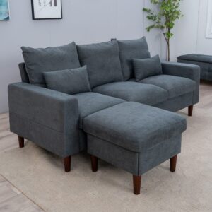 Panana Fabric Corner Sofa Couch L Shape Sofa Settee, 3 Seater Sofa with Lounge Ottoman, Left & Right Hand Side for Living Room Furniture, Grey