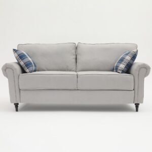 Panana Scroll Arm Fabric Sofa, 2-Seater and 3-Seater, Solid Wood Legs, Black/Brown/Grey (Grey, 3 seater)