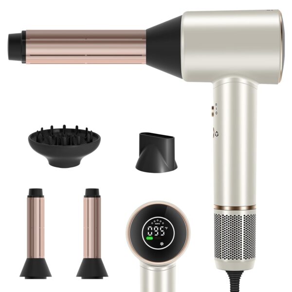 PARWIN PRO BEAUTY Air-Sonic Hair Dryer with Diffuser, HD-LED Display & 110, 000 RPM High Speed Ionic Blow Dryer, 32mm Left & Right Air Auto-Wrap Curlers, Silver Professional...