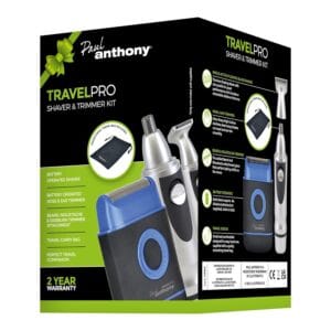 Paul Anthony TravelPro Mens Travel Shaver & Groomer Kit with Carry Pouch/Battery Operated Beard Trimmer, Nose Trimmer and Shaver - H5902