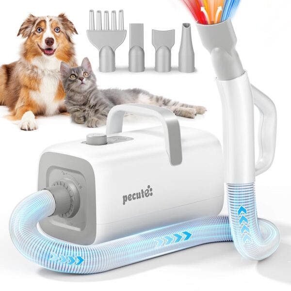 Pecute Dog Hair Dryer, Fast Drying Pet Dryer, Hot & Cold Cycle, 4 Nozzles, Low Noise, Ideal for Dogs Cats