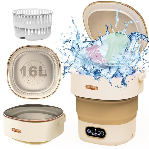 Portable Mini Washing Machine with Spin Dryer, 16L 2Kg Capacity, 2 in 1 for Travel, Camping, Cleaning Underwear, Towel, Baby Clothes, Socks. (Khaki)
