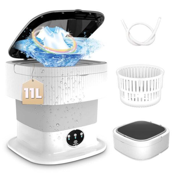 Portable Washing Machine, Mini Washing Machine with 11L Capacity and Spin Dryer, Drainage and Inlet Hose, Blue Light, Suitable for Deep Cleaning of Underwear, Socks, Baby...