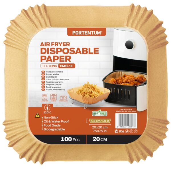 PORTENTUM Air Fryer Liners 100PCS Disposable, Unbleached and Greaseproof. Suitable from 5 to 8 liters. Food-grade use Baking paper BPA Free, FDA, and LFGB certified