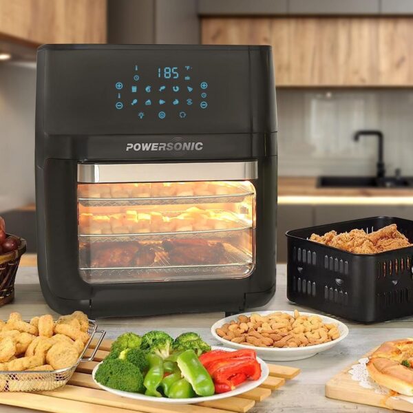Powersonic Black 12 Litre Air Fryer, 1800W, Includes 8 Accessories, 90 Minute Timer, 80-200 Degrees