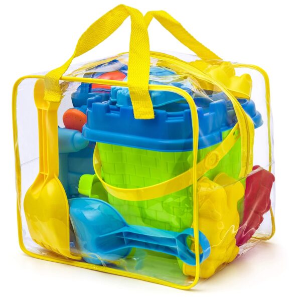 Prextex 12 Piece Beach Toy Sand Toys Set in Reusable Zippered Bag for Easy Clean and Store, Bucket with Sifter, Spade, Rake, Watering Can, Animal and Castle Sand Molds, Assorted...