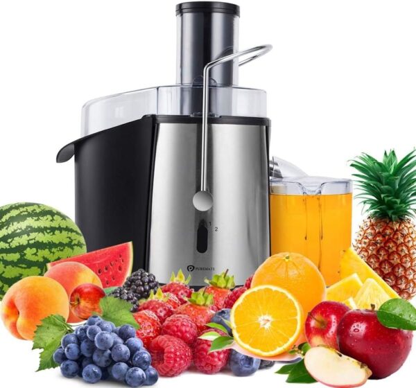PureMate Centrifugal Juicer Machine, 1000W Powerful Juicer Extractor for Whole Fruit and Vegetable,2 Speed Settings, 75MM Large Feed Chute, Easy to Clean & BPA-Free