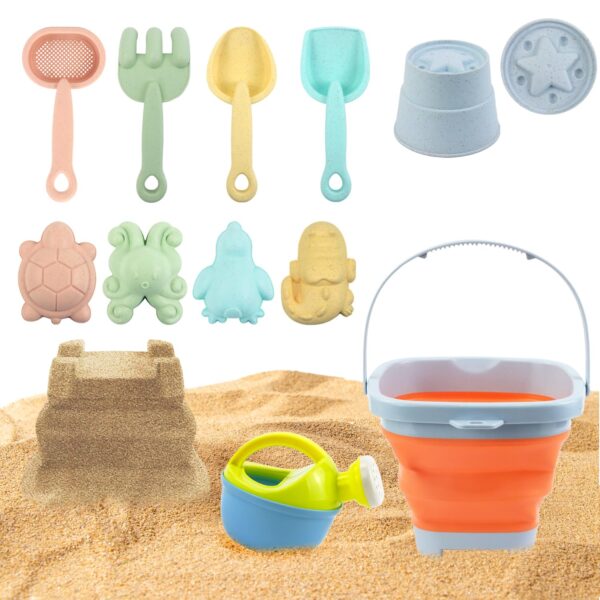Qcdou Beach Sand Toys, 11 PCS Beach Toys for Kids, Sand Pit Toys Set with Collapsible Bucket, Sea Animals Molds, Watering Can, Rake and Spade, for Toddlers age 1-5(Orange)