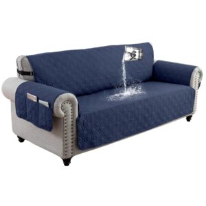 QQJIN 100% Waterproof Sofa Cover 3 Seater, Non-Slip Sofa Slipcover with 6 Side Pocket, Sofa Protector with Adjustable Elastic Strap for Kids, Dogs,Navy Blue,3 Seater